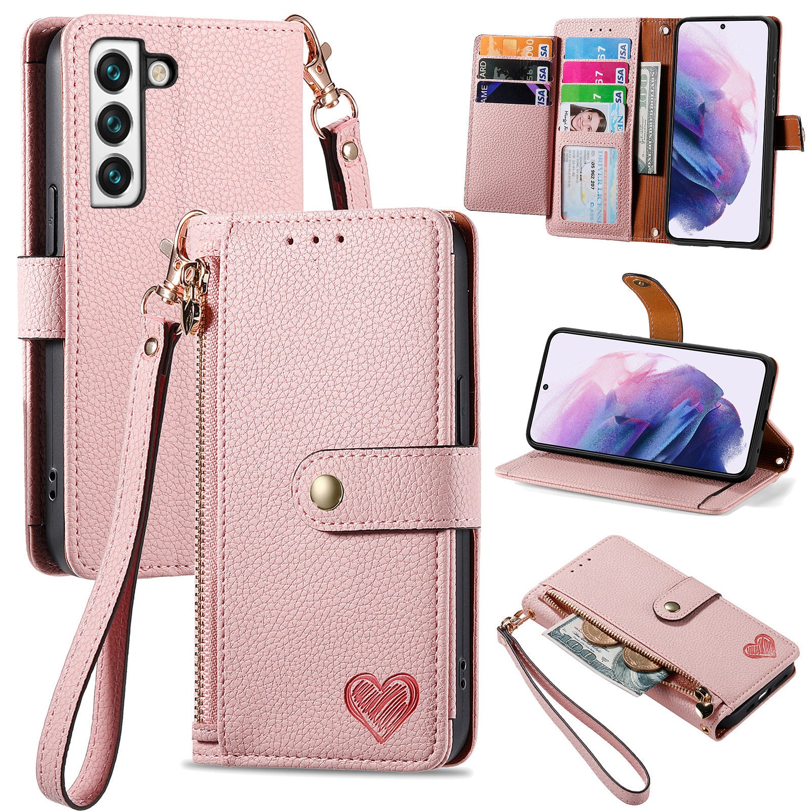 For Samsung Galaxy S22 5G PU Leather RFID Blocking Phone Case Zipper Pocket Wallet Stand Cover
