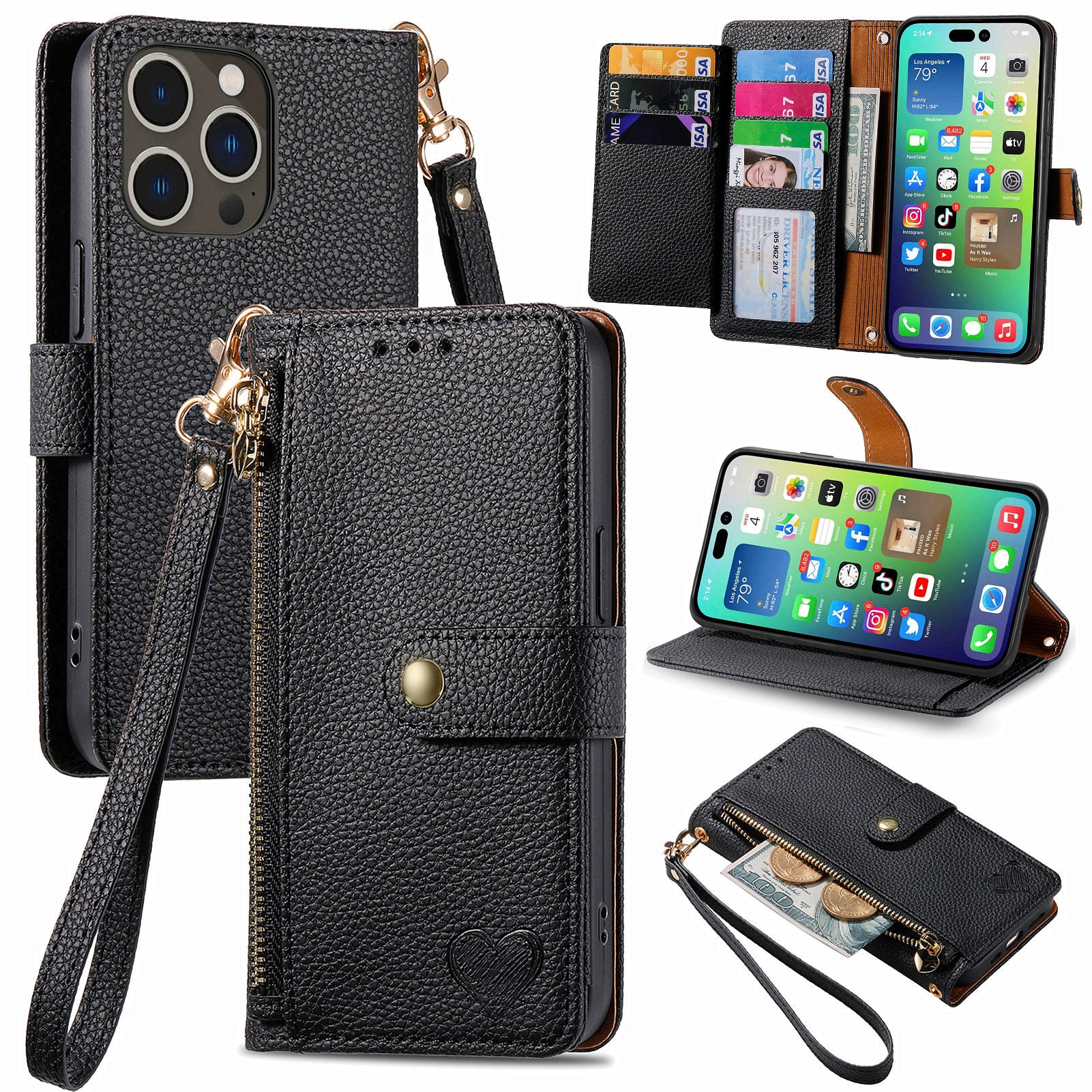 Leather Wallet Case for iPhone 14 Pro Max Zipper Pocket RFID Blocking Stand Phone Cover