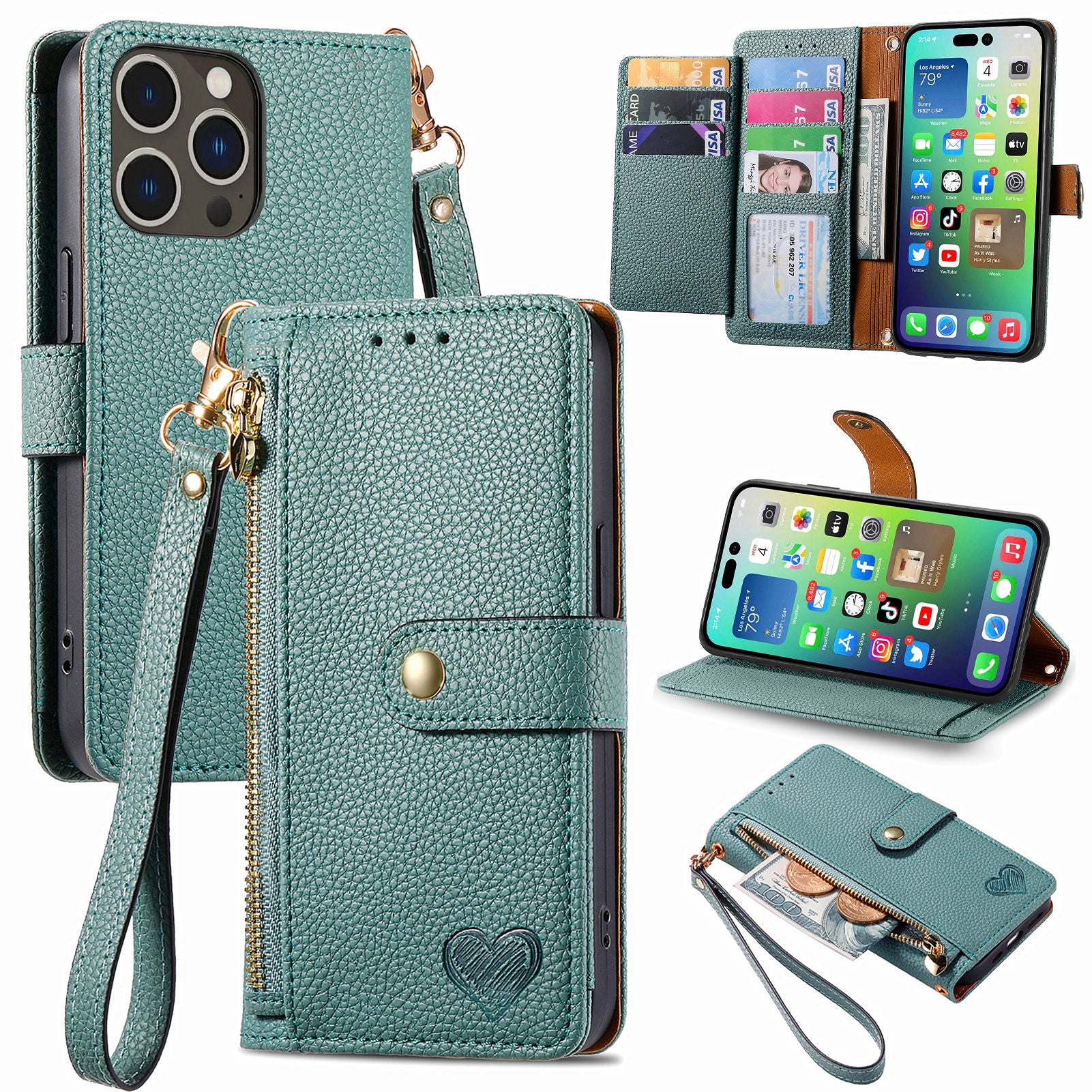 Leather Wallet Case for iPhone 14 Pro Max Zipper Pocket RFID Blocking Stand Phone Cover