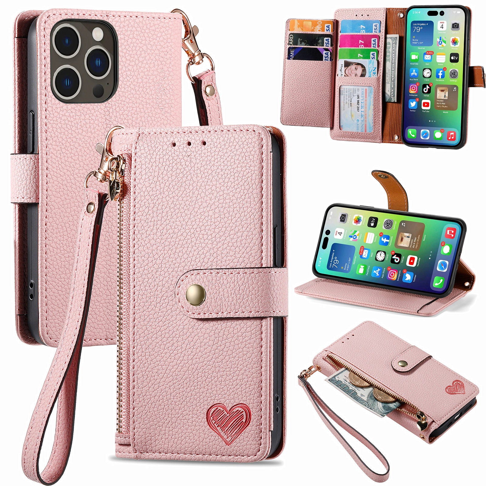 Leather Wallet Case for iPhone 14 Pro Max Zipper Pocket RFID Blocking Stand Phone Cover