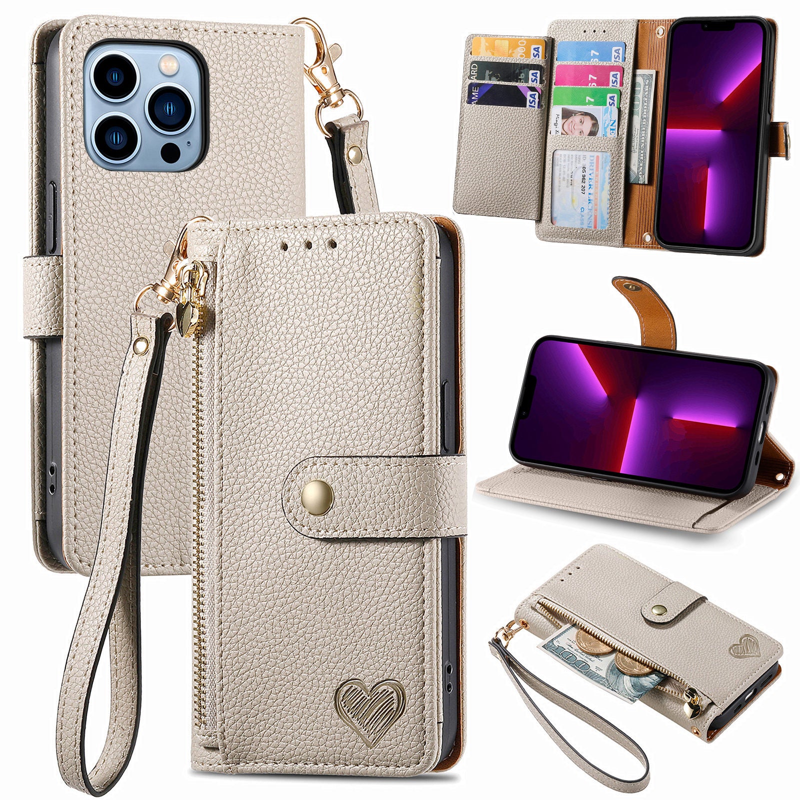 PU Leather Stand Wallet Case for iPhone 13 Pro Max Zipper Pocket Phone Cover with RFID Blocking Function