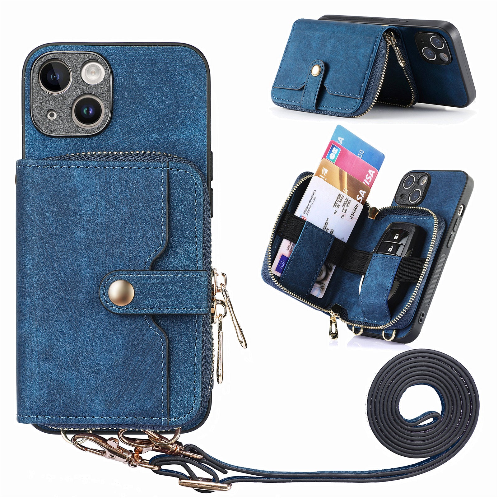 Zipper Wallet Phone Kickstand Cover for iPhone 13 PU Leather PC TPU Case with Lanyard