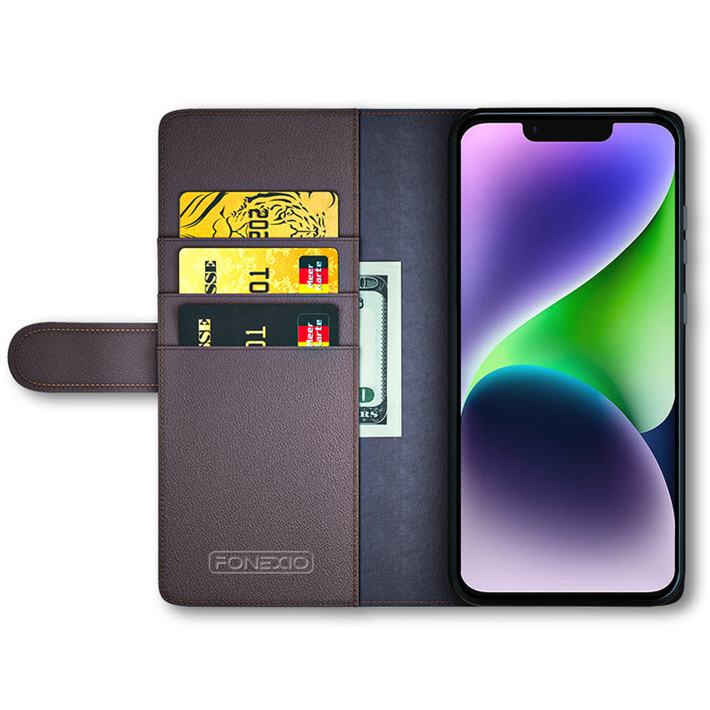 Flip Phone Case for iPhone 15 Plus Genuine Split Leather Wallet Stand Magnetic Cover