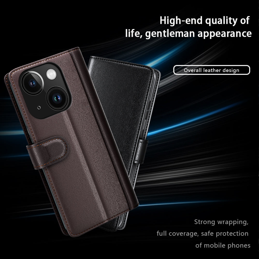 Flip Phone Case for iPhone 15 Plus Genuine Split Leather Wallet Stand Magnetic Cover