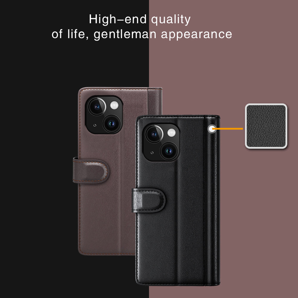 Flip Phone Case for iPhone 15 Plus Genuine Split Leather Wallet Stand Magnetic Cover