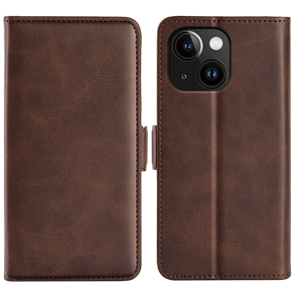 For iPhone 15 Fully Wrapped PU Leather Wallet Phone Cover Calf Texture Stand Phone Case