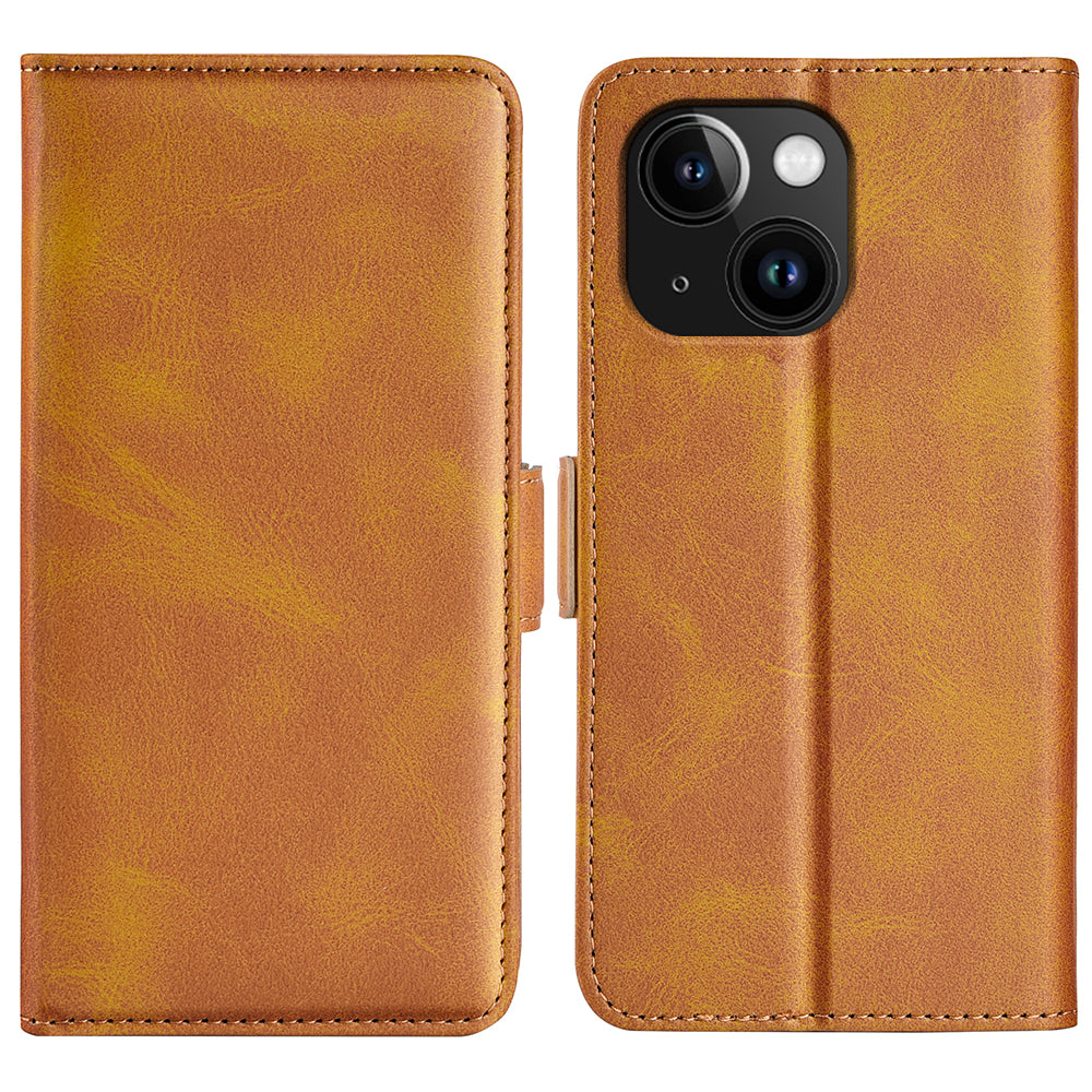 For iPhone 15 Fully Wrapped PU Leather Wallet Phone Cover Calf Texture Stand Phone Case