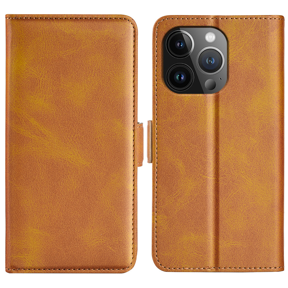 For iPhone 15 Pro Max Anti-Scratch PU Leather Wallet Phone Cover Calf Texture Stand Full Protection Phone Case