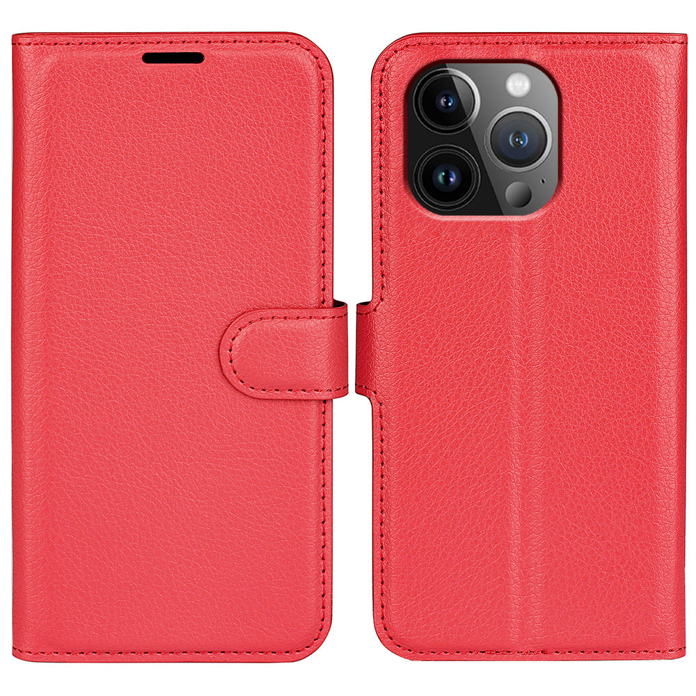For iPhone 15 Pro Shockproof Wallet Phone Cover PU Leather Litchi Texture Stand Mobile Phone Case