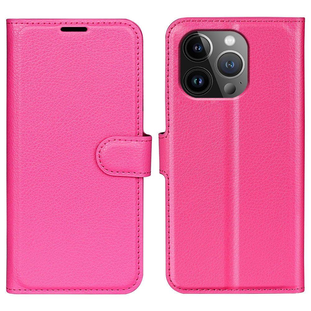 For iPhone 15 Pro Shockproof Wallet Phone Cover PU Leather Litchi Texture Stand Mobile Phone Case