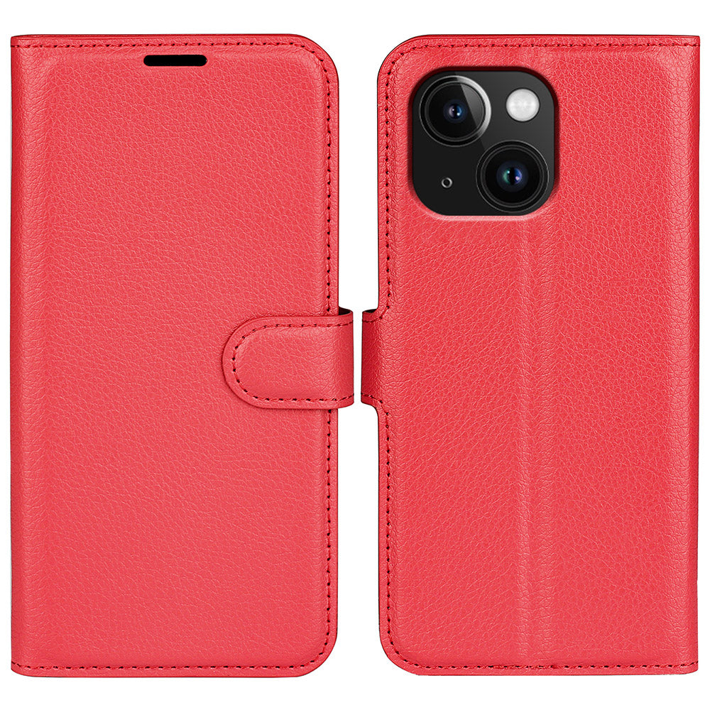 Stand Phone Case for iPhone 15 Plus PU Leather Litchi Texture Wallet Folio Flip Phone Cover