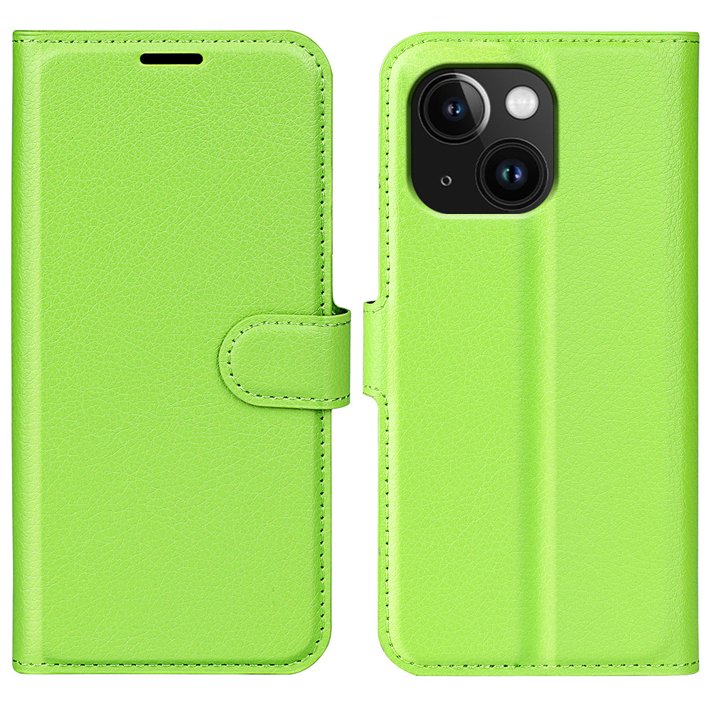 Stand Phone Case for iPhone 15 Plus PU Leather Litchi Texture Wallet Folio Flip Phone Cover