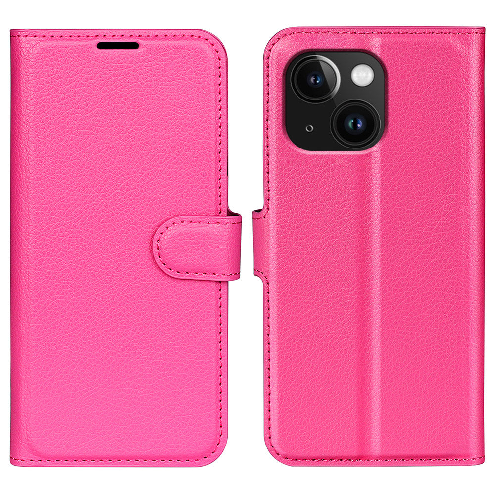 Stand Phone Case for iPhone 15 Plus PU Leather Litchi Texture Wallet Folio Flip Phone Cover