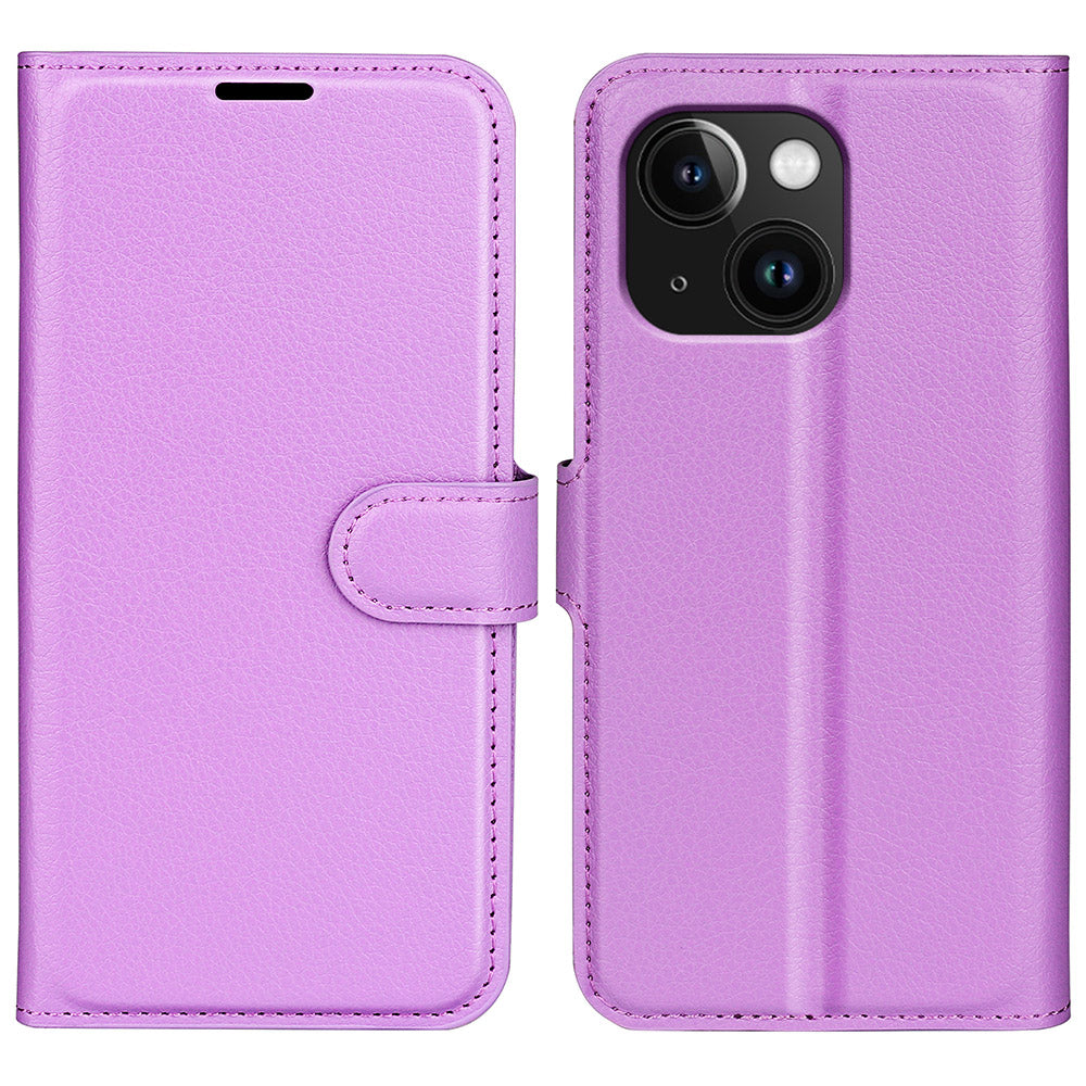 Stand Phone Case for iPhone 15 Plus PU Leather Litchi Texture Wallet Folio Flip Phone Cover