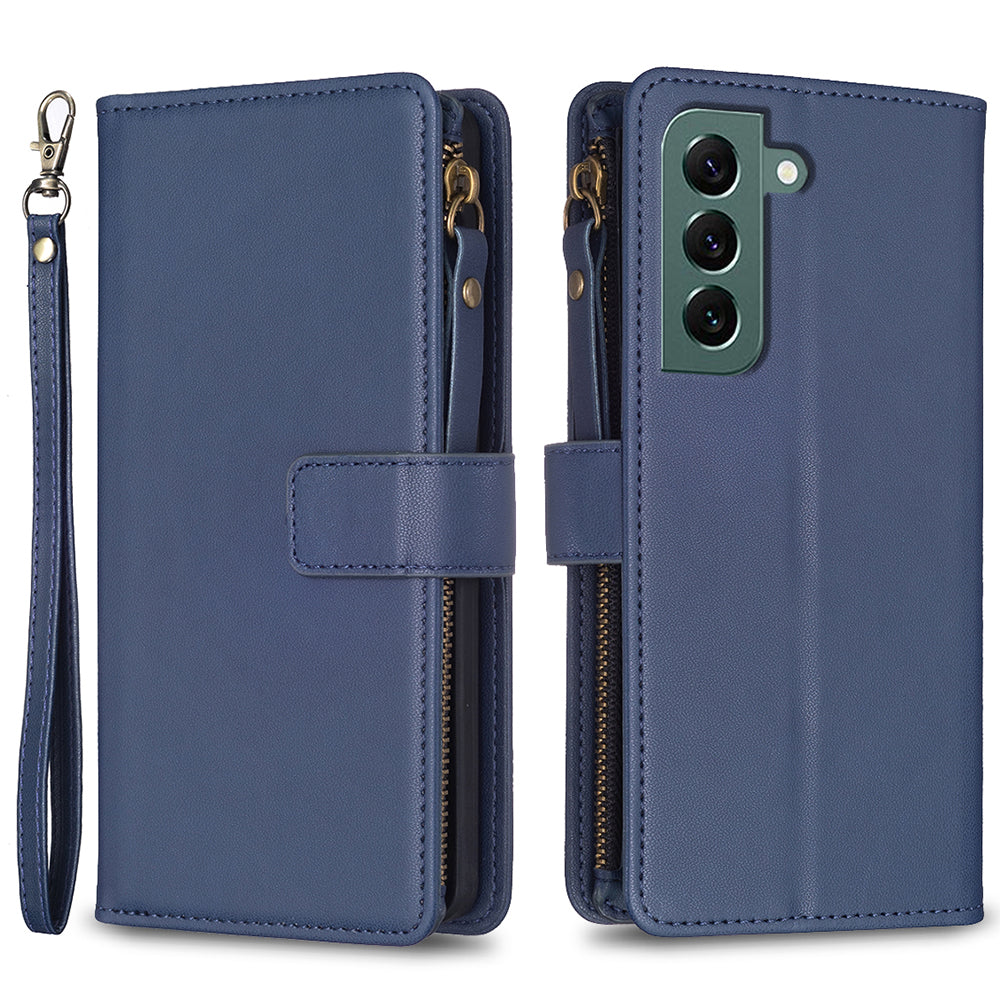 BF Style-19 for Samsung Galaxy S22 5G Anti-Scratch Shell Case PU Leather Wallet Stand Zippered Phone Cover