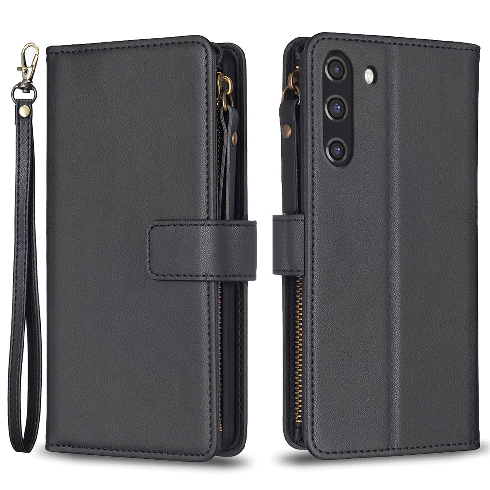 BF Style-19 for Samsung Galaxy S21 FE 5G Magnetic Phone Cover PU Leather Wallet Stand Zippered Phone Case