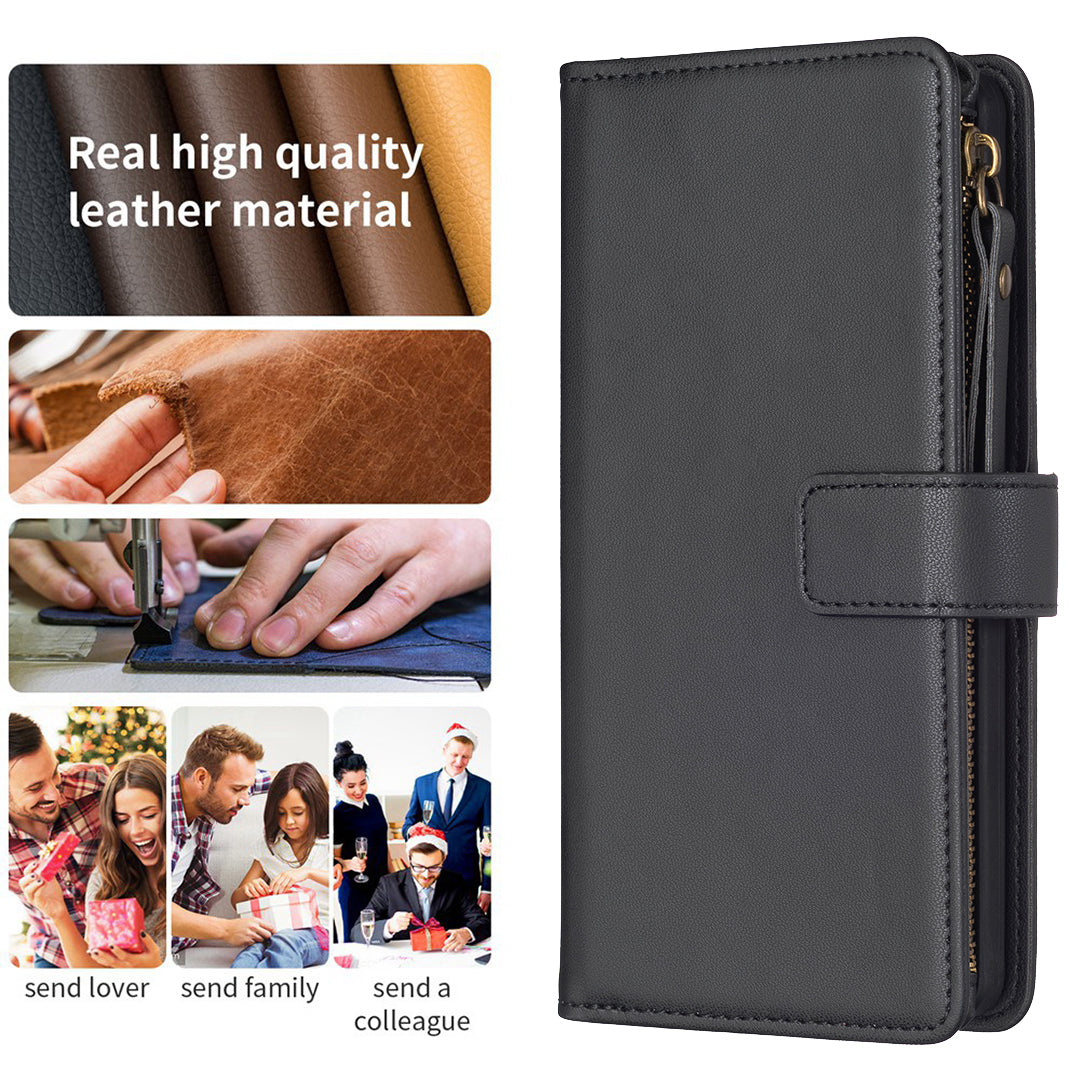 BF Style-19 for Samsung Galaxy S21 FE 5G Magnetic Phone Cover PU Leather Wallet Stand Zippered Phone Case