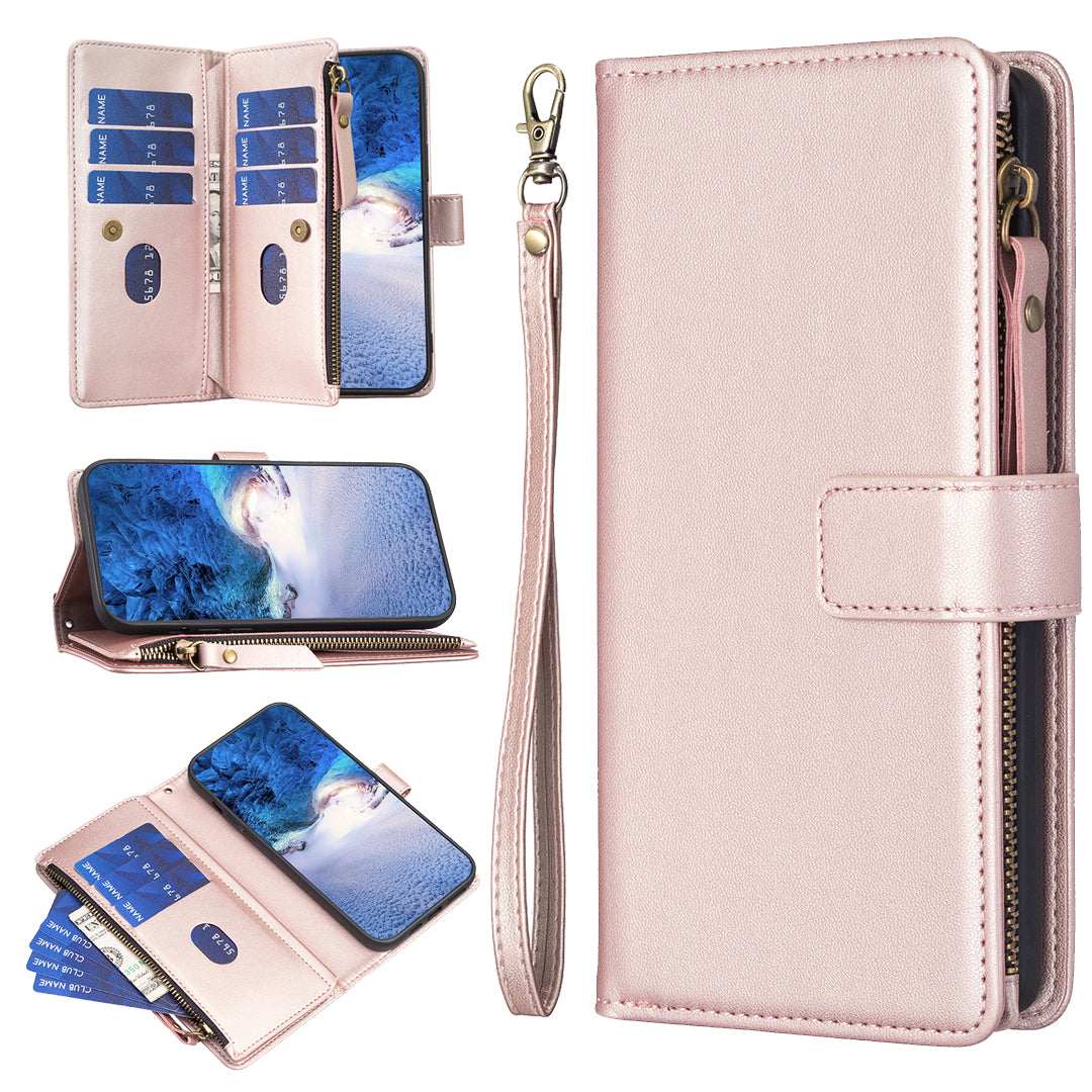 BF Style-19 for Samsung Galaxy S21 FE 5G Magnetic Phone Cover PU Leather Wallet Stand Zippered Phone Case