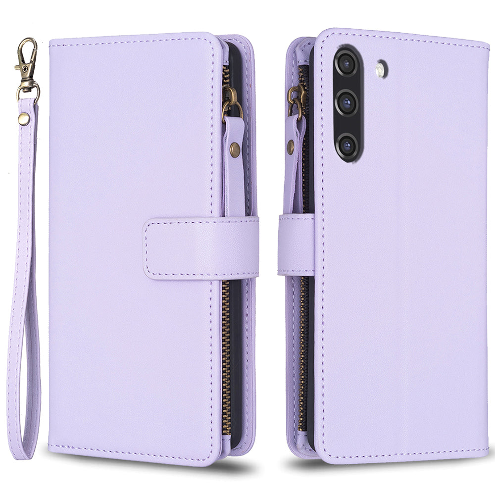 BF Style-19 for Samsung Galaxy S21 FE 5G Magnetic Phone Cover PU Leather Wallet Stand Zippered Phone Case