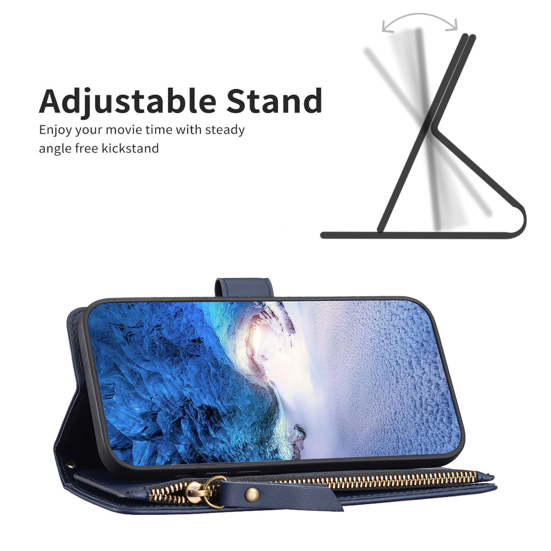 BF Style-19 for Samsung Galaxy S21 FE 5G Magnetic Phone Cover PU Leather Wallet Stand Zippered Phone Case