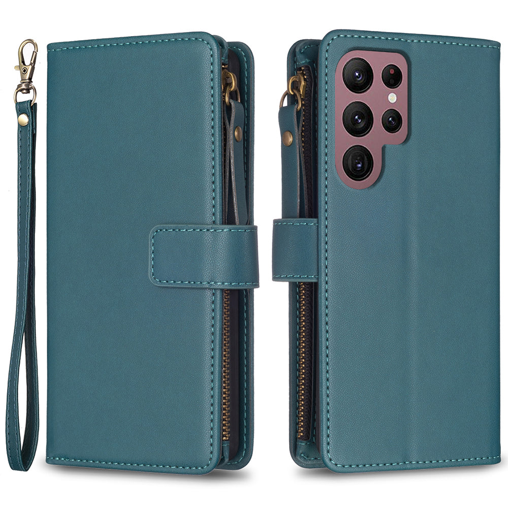 BF Style-19 for Samsung Galaxy S22 Ultra 5G Stand Design Phone Case PU Leather Wallet Zippered Phone Cover