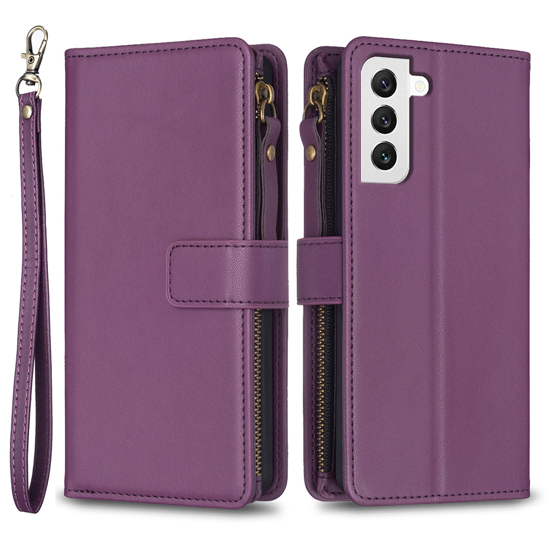 BF Style-19 for Samsung Galaxy S22 5G Zipper Pocket PU Leather Stand Case Solid Color Wallet Cover
