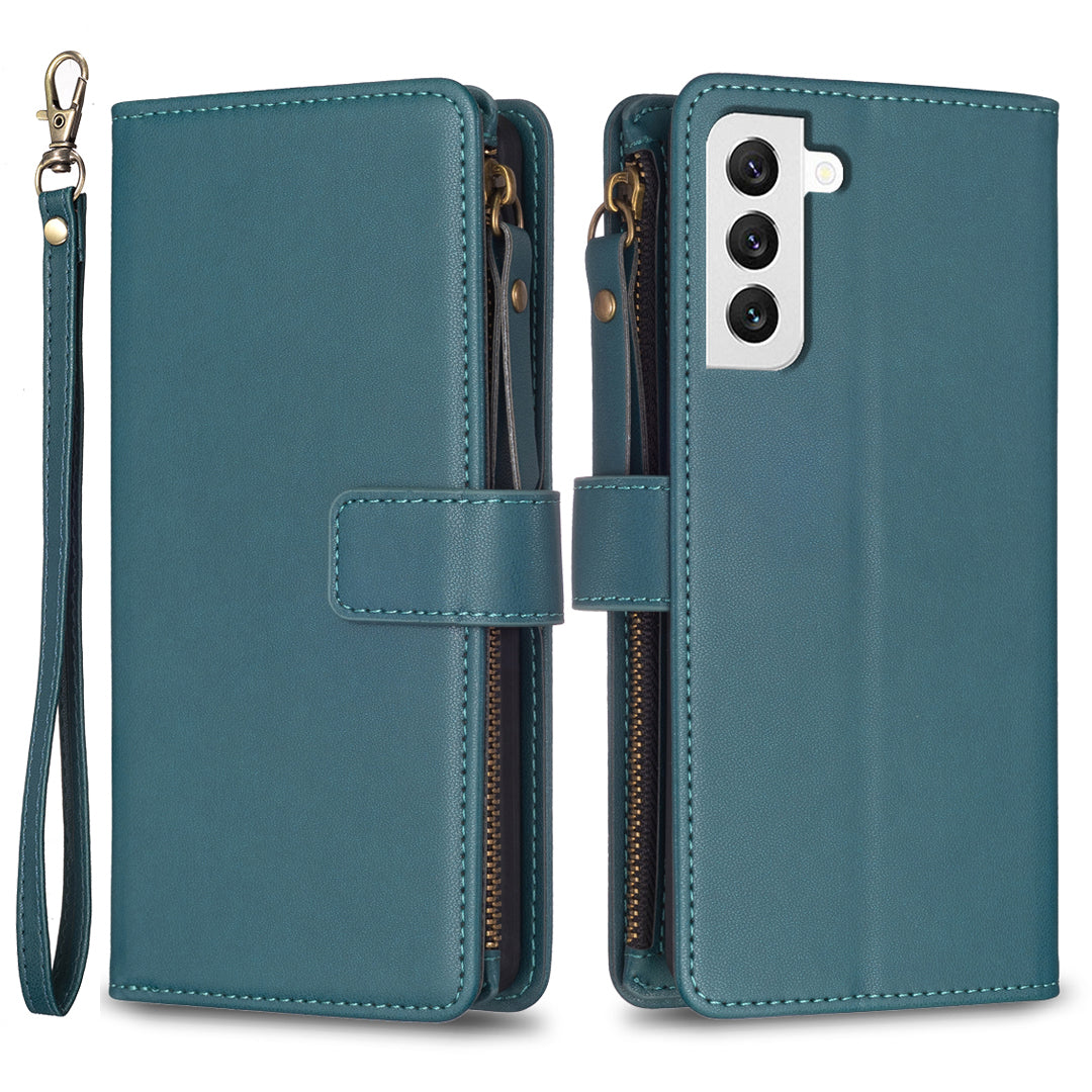 BF Style-19 for Samsung Galaxy S22 5G Zipper Pocket PU Leather Stand Case Solid Color Wallet Cover