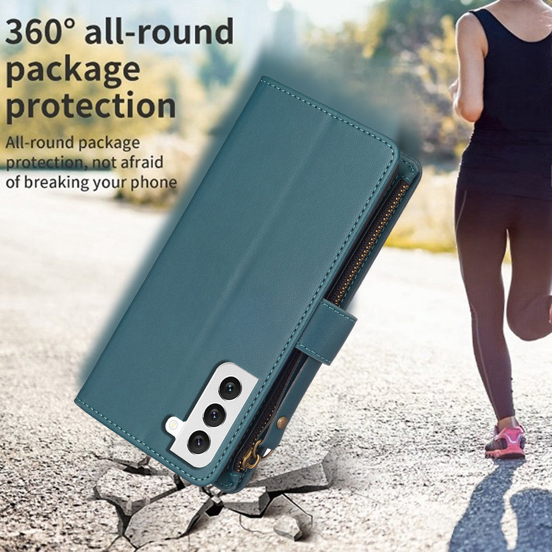 BF Style-19 for Samsung Galaxy S22 5G Zipper Pocket PU Leather Stand Case Solid Color Wallet Cover