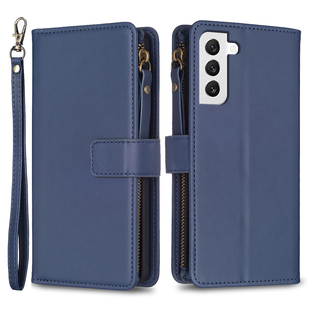 BF Style-19 for Samsung Galaxy S22 5G Zipper Pocket PU Leather Stand Case Solid Color Wallet Cover