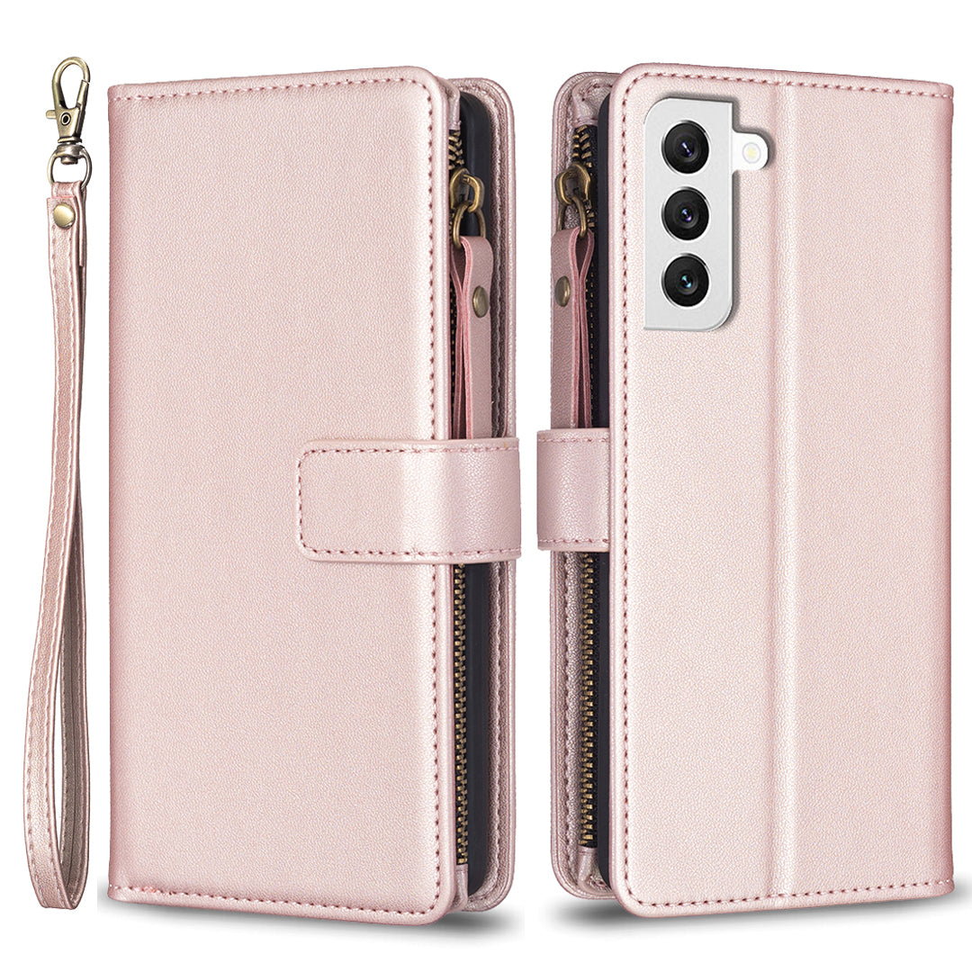 BF Style-19 for Samsung Galaxy S22 5G Zipper Pocket PU Leather Stand Case Solid Color Wallet Cover