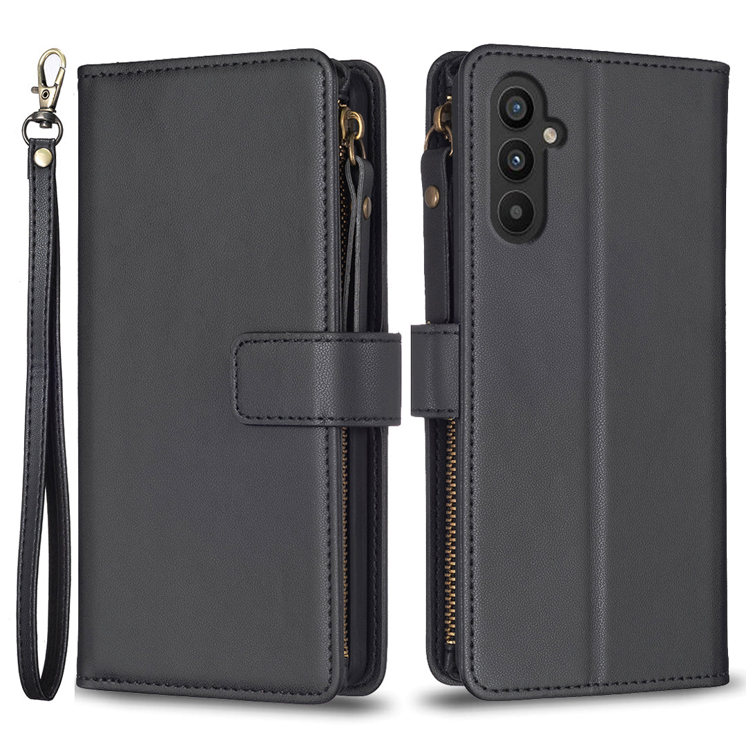 BF Style-19 for Samsung Galaxy A34 5G Zipper Pocket Phone Case PU Leather Solid Color Wallet Stand Cover