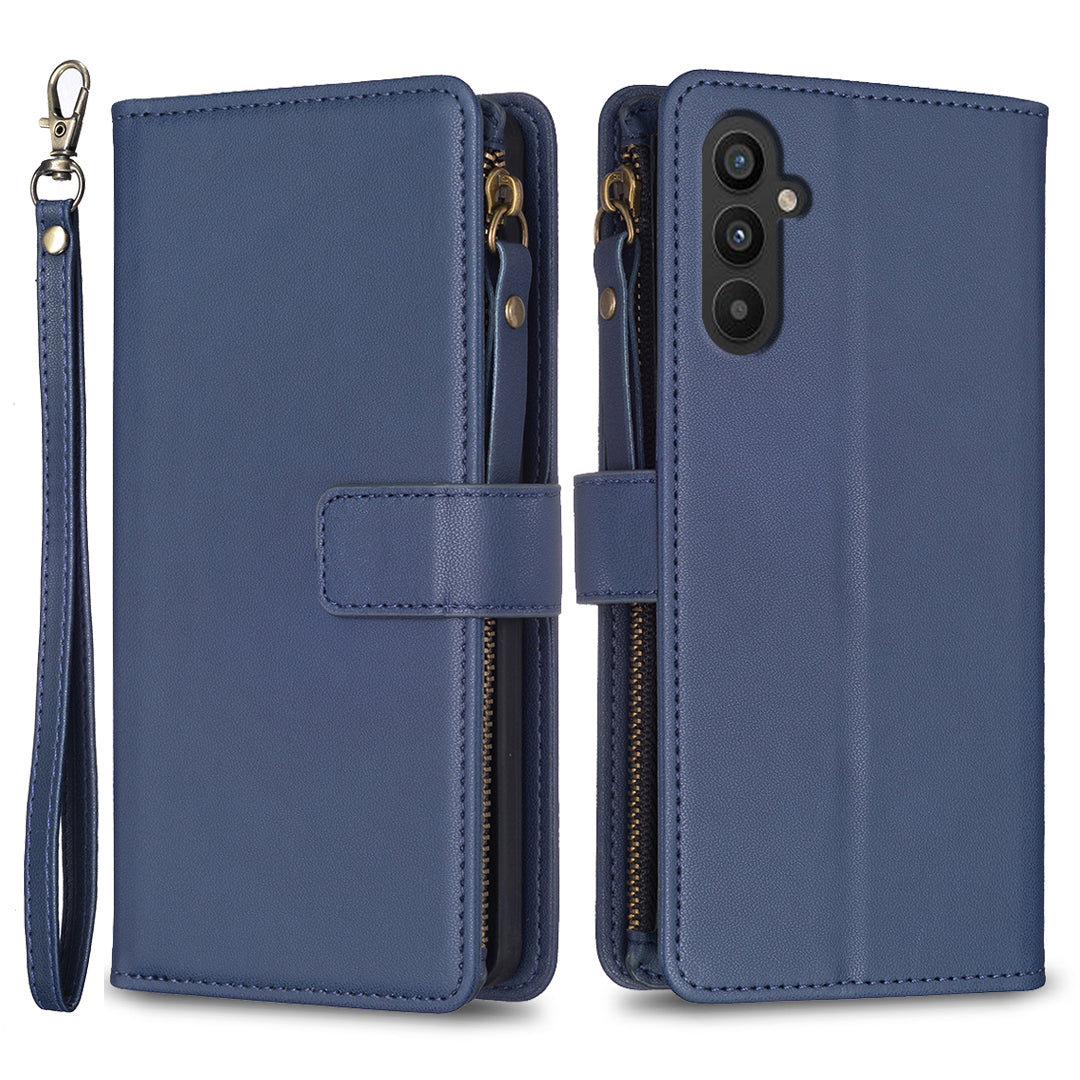 BF Style-19 for Samsung Galaxy A34 5G Zipper Pocket Phone Case PU Leather Solid Color Wallet Stand Cover