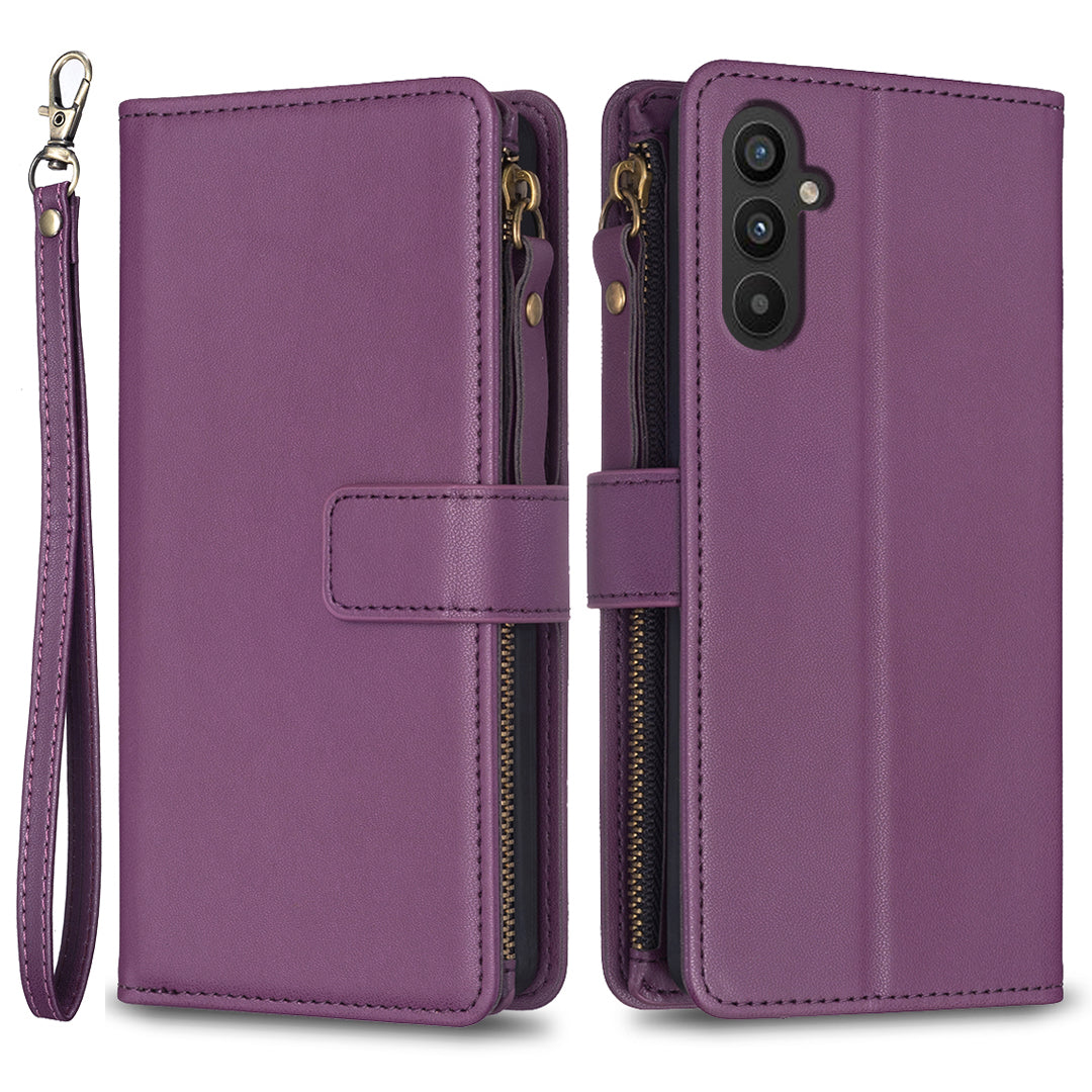 BF Style-19 for Samsung Galaxy A34 5G Zipper Pocket Phone Case PU Leather Solid Color Wallet Stand Cover
