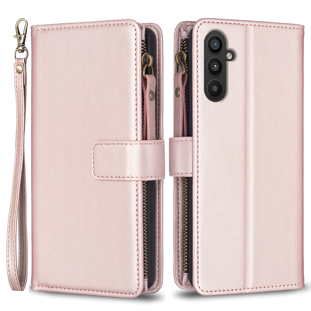 BF Style-19 for Samsung Galaxy A34 5G Zipper Pocket Phone Case PU Leather Solid Color Wallet Stand Cover