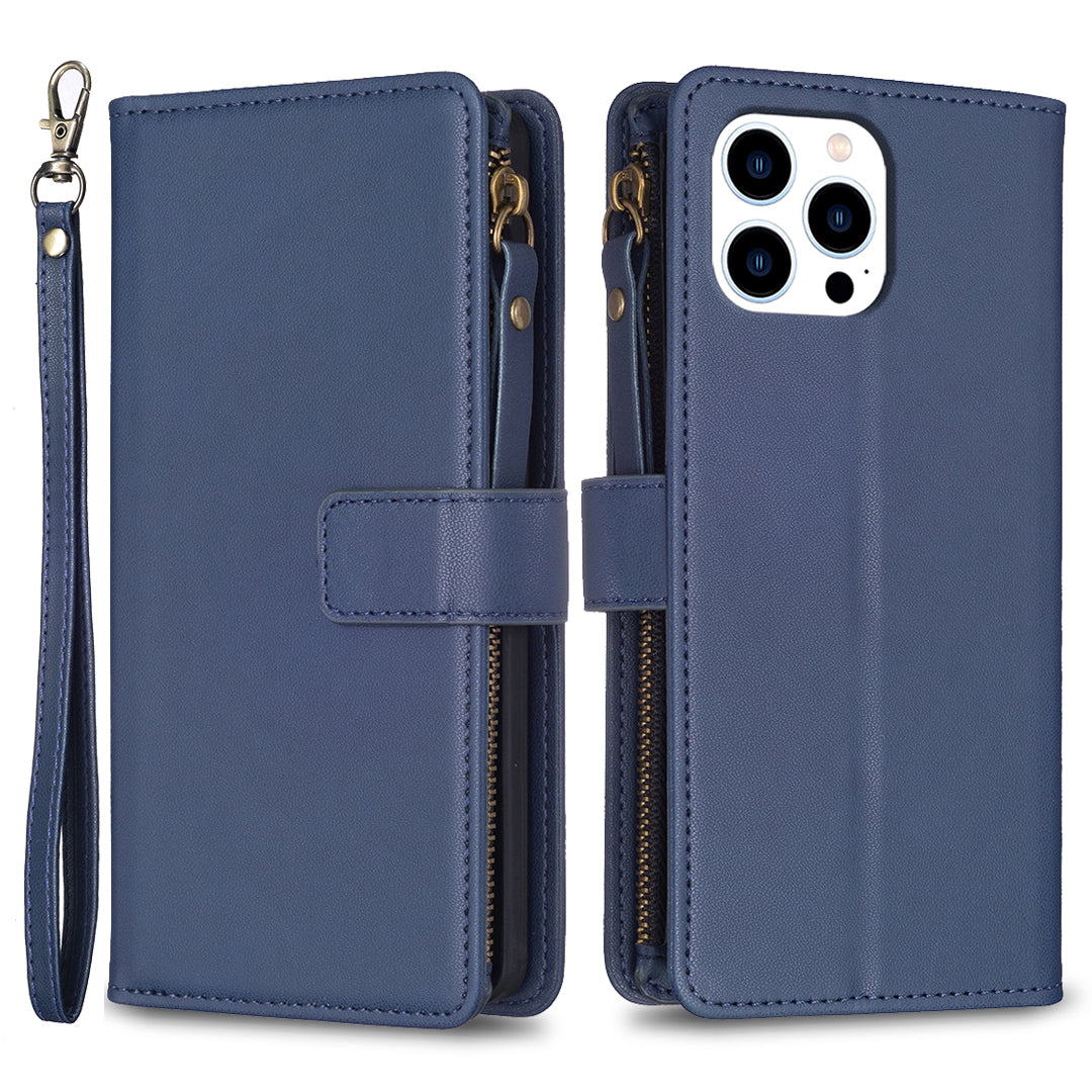 BF Style-19 for iPhone 14 Pro Zipper Pocket PU Leather TPU Phone Case Stand Wallet Cover