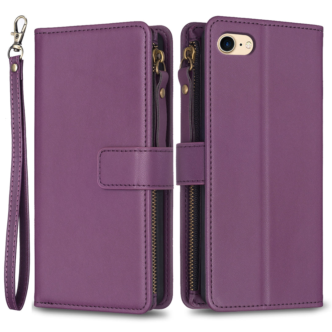 BF Style-19 for iPhone 6/6s/7/8/SE (2020)/SE (2022) PU Leather Case Zipper Pocket Cell Phone Stand Wallet Cover