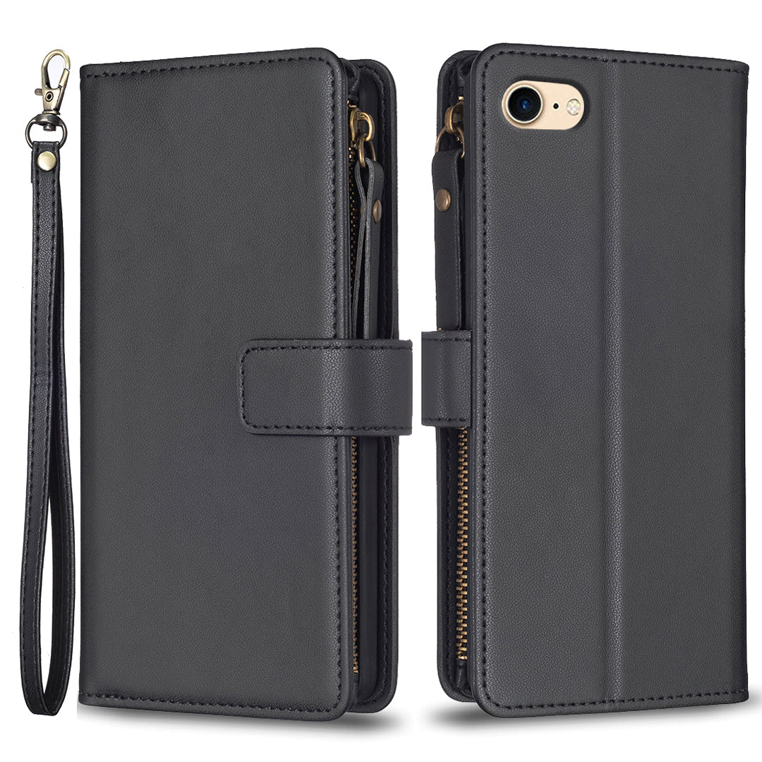 BF Style-19 for iPhone 6/6s/7/8/SE (2020)/SE (2022) PU Leather Case Zipper Pocket Cell Phone Stand Wallet Cover