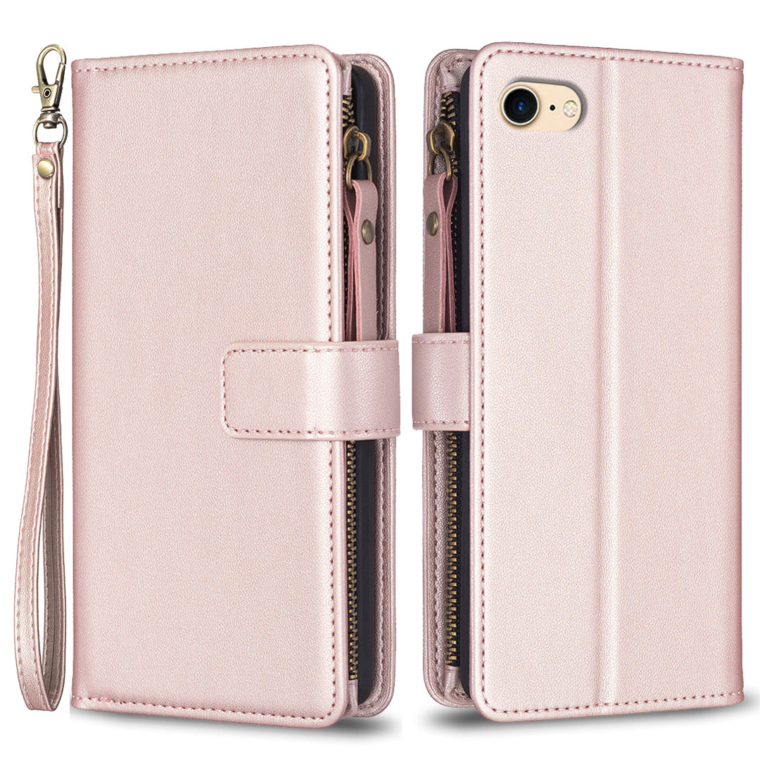 BF Style-19 for iPhone 6/6s/7/8/SE (2020)/SE (2022) PU Leather Case Zipper Pocket Cell Phone Stand Wallet Cover
