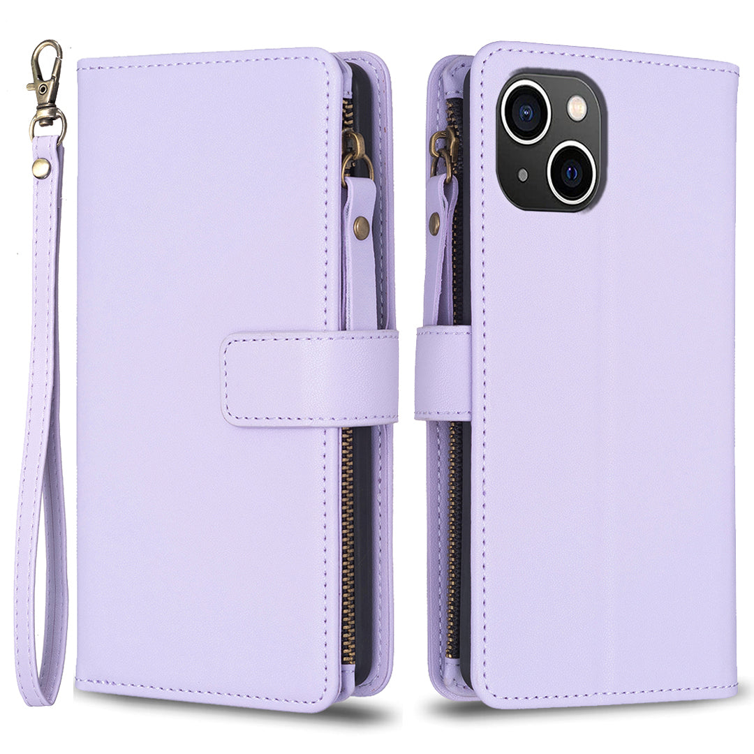 BF Style-19 Zipper Pocket Phone Case for iPhone 13/14 Solid Color PU Leather Stand Cover with Strap
