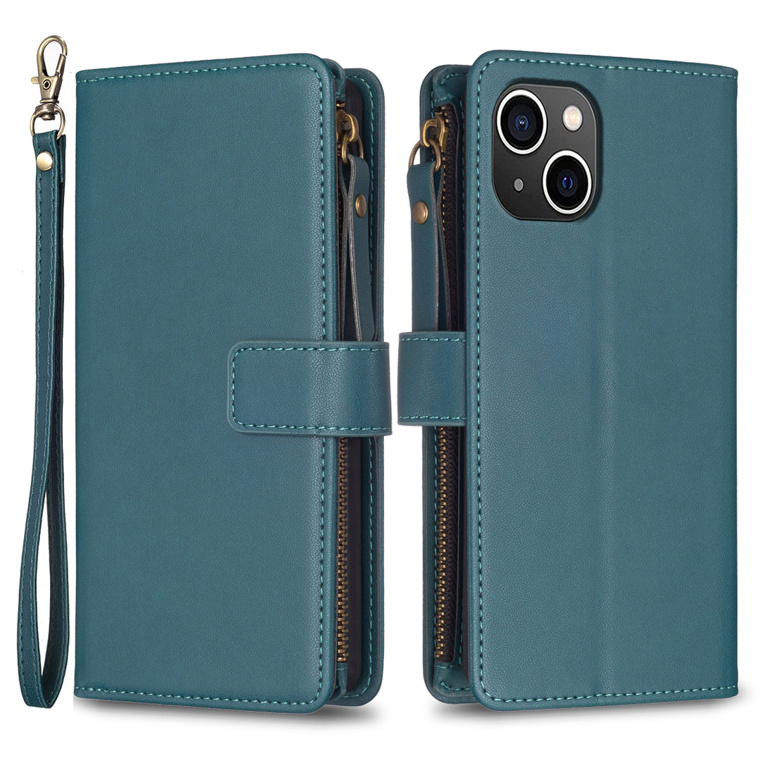 BF Style-19 Zipper Pocket Phone Case for iPhone 13/14 Solid Color PU Leather Stand Cover with Strap