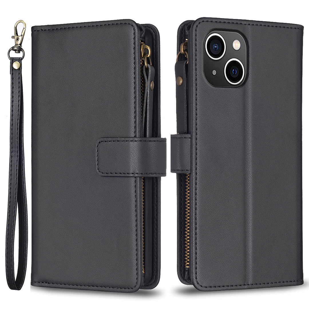 BF Style-19 Zipper Pocket Phone Case for iPhone 13/14 Solid Color PU Leather Stand Cover with Strap