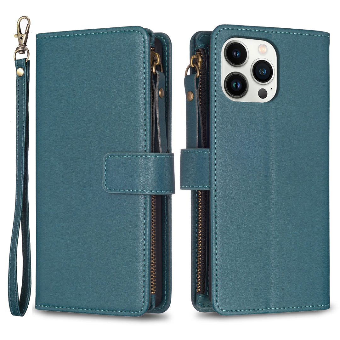 BF Style-19 Zipper Wallet Leather Case for iPhone 13 Pro Max Flip Stand Solid Color Phone Cover with Strap