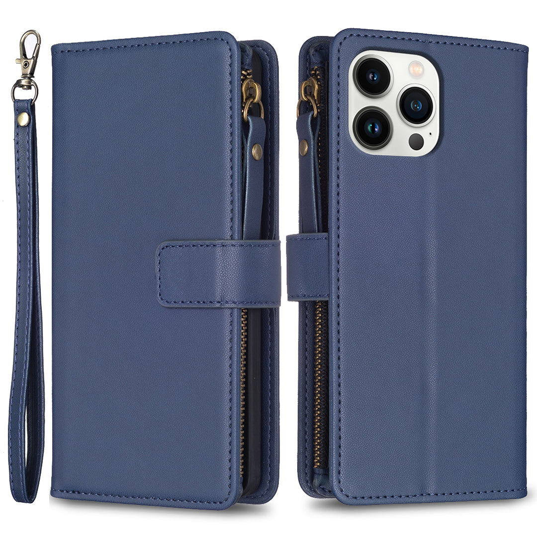 BF Style-19 Zipper Wallet Leather Case for iPhone 13 Pro Max Flip Stand Solid Color Phone Cover with Strap