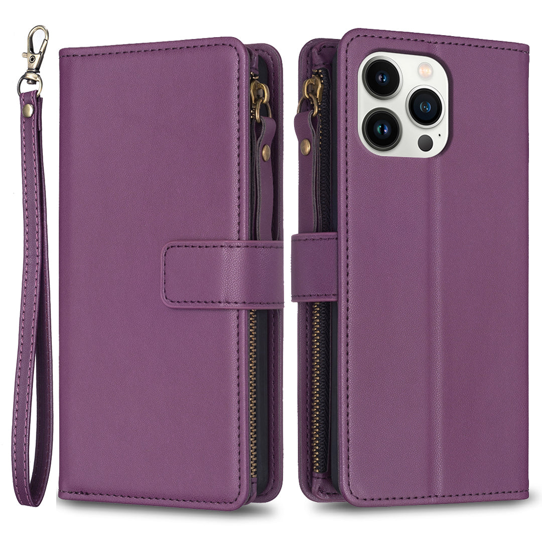 BF Style-19 Zipper Wallet Leather Case for iPhone 13 Pro Max Flip Stand Solid Color Phone Cover with Strap
