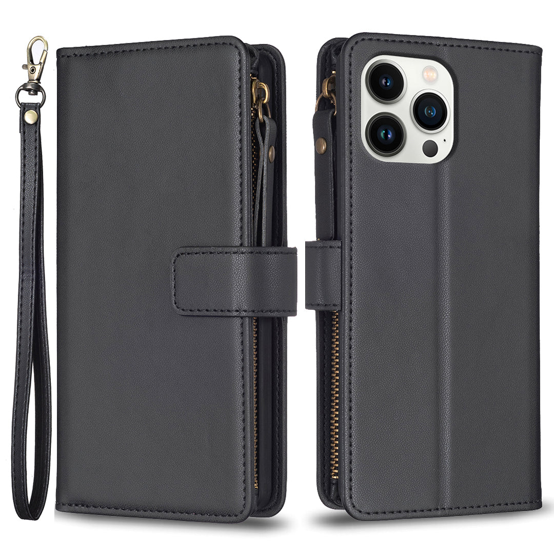 BF Style-19 Zipper Wallet Leather Case for iPhone 13 Pro Max Flip Stand Solid Color Phone Cover with Strap