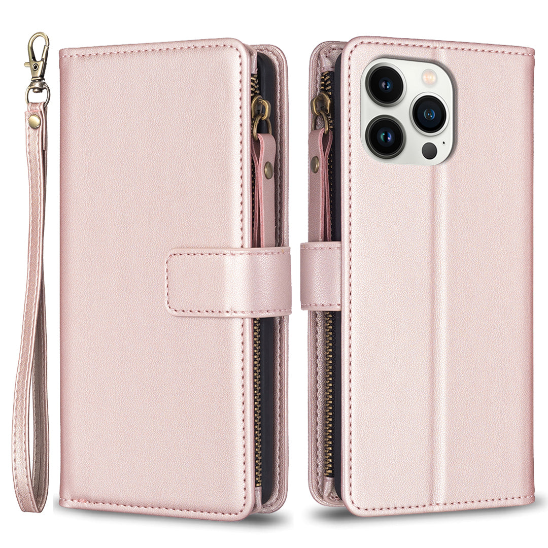 BF Style-19 Zipper Wallet Leather Case for iPhone 13 Pro Max Flip Stand Solid Color Phone Cover with Strap