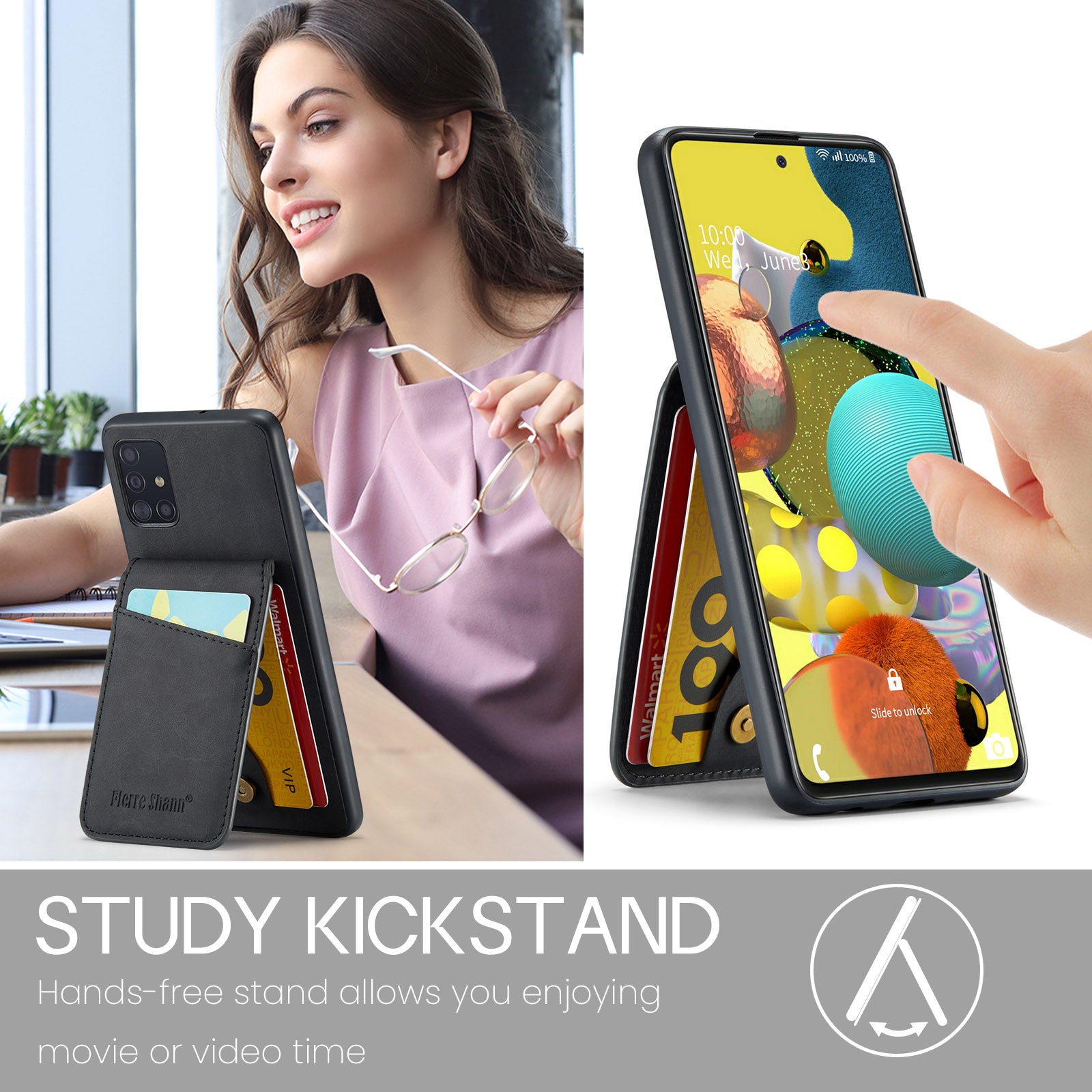 FIERRE SHANN For Samsung Galaxy A71 5G SM-A716 Kickstand Case PU Leather TPU Phone Shell with Card Slots