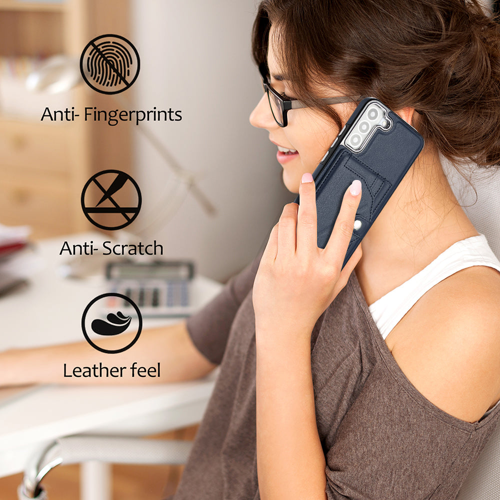 YB Leather Coating Series-4 for Samsung Galaxy S22 5G PU Leather Coated TPU Kickstand Case Card Slots Phone Cover