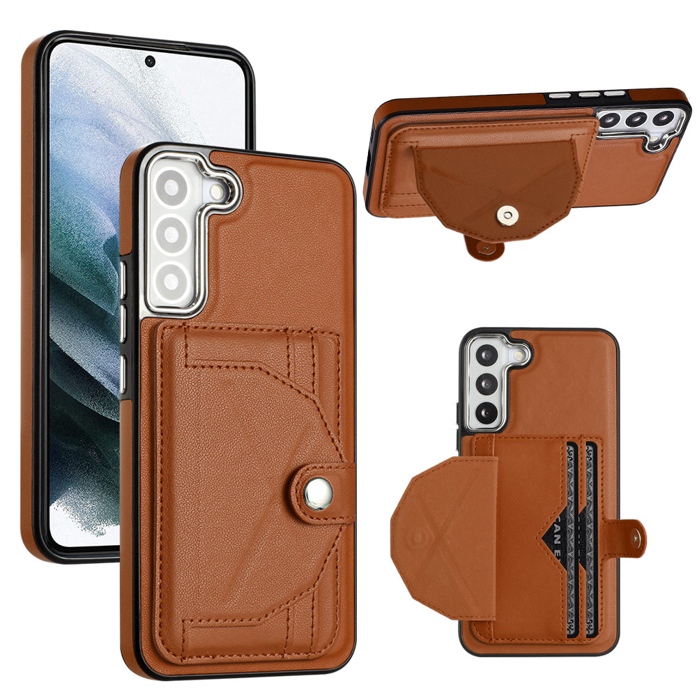 YB Leather Coating Series-4 for Samsung Galaxy S22 5G PU Leather Coated TPU Kickstand Case Card Slots Phone Cover