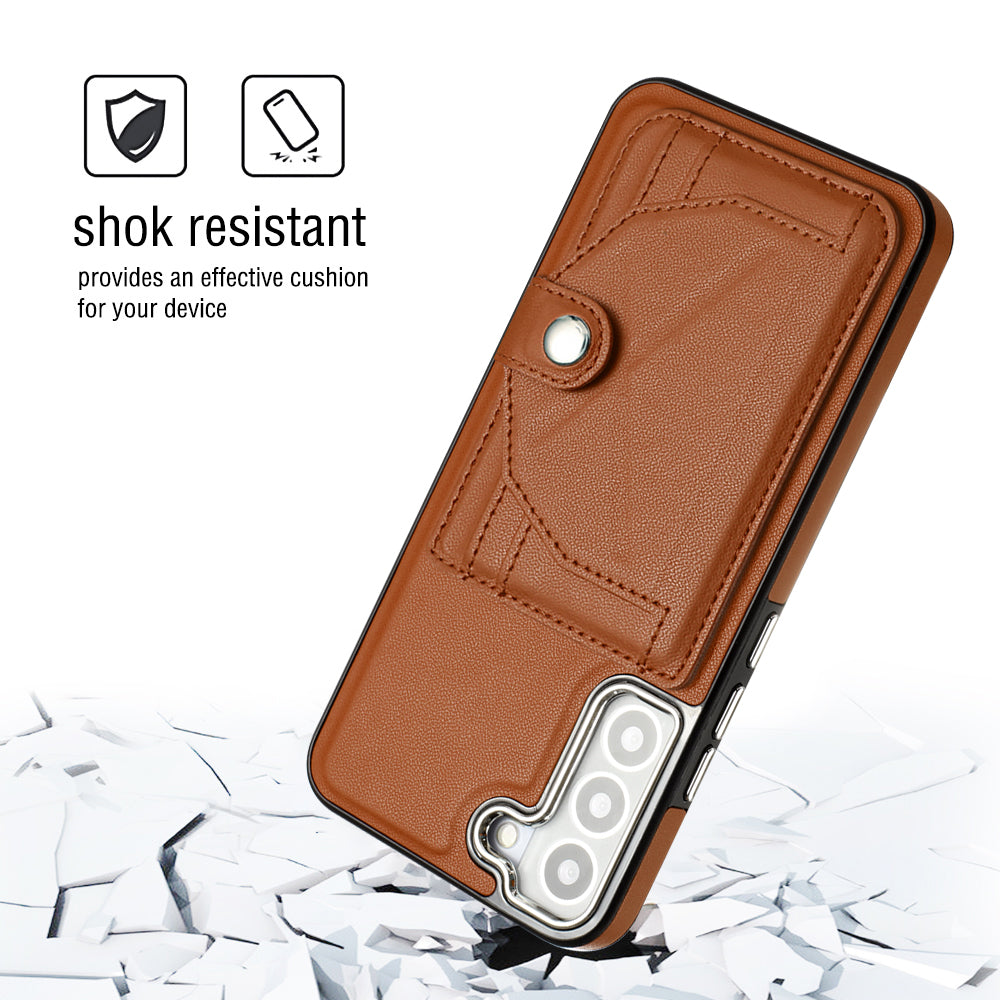 YB Leather Coating Series-4 for Samsung Galaxy S22 5G PU Leather Coated TPU Kickstand Case Card Slots Phone Cover